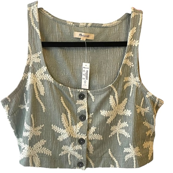 Madewell Crop Top Tank Green Palm Tree Square Neck Jacquard - Picture 2 of 7